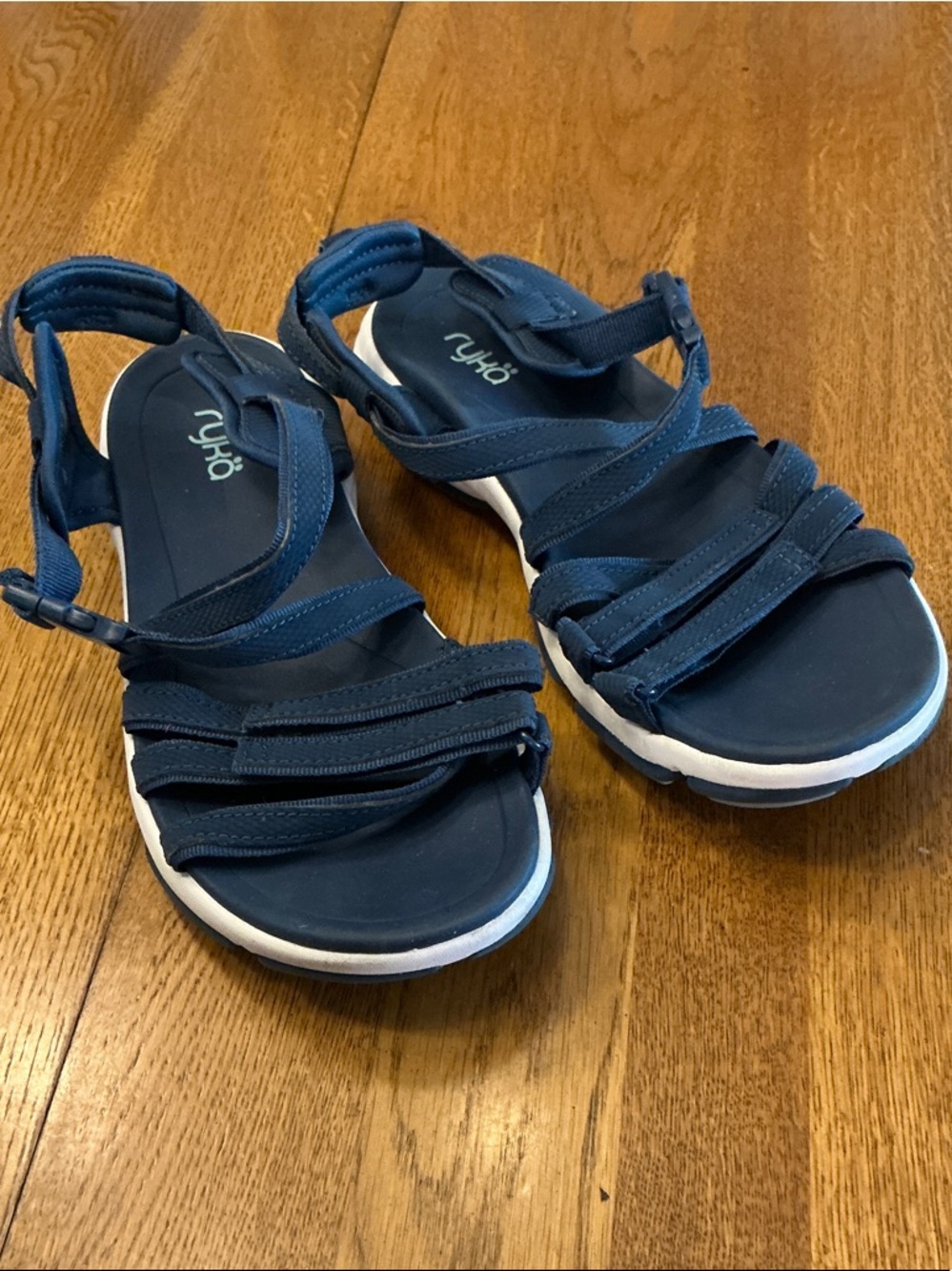 Woman’s Ryka navy strap sandal. Size 8. Waterproof. Velcro+buckle straps. Comfy!